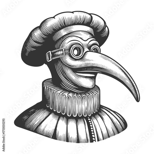plague doctor wearing beaked mask, round goggles, and traditional historical clothing with ruff collar sketch engraving generative ai vector illustration. Scratch board. Black and white image.