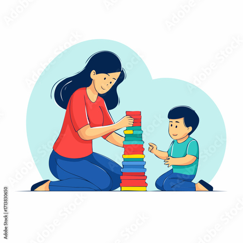 Vector image of Mother and child building colorful towers with wooden blocks learning through play activities