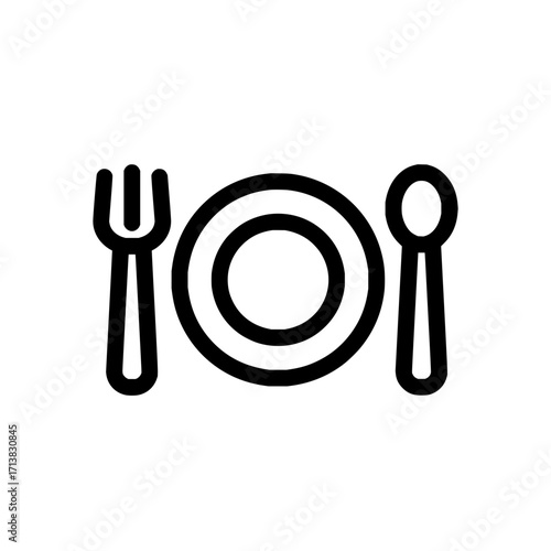 Simple black icon of a plate with fork and spoon for dining and culinary themes
