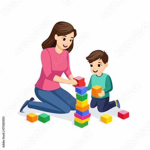 Vector image of Mother and child building colorful towers with wooden blocks learning through play activities