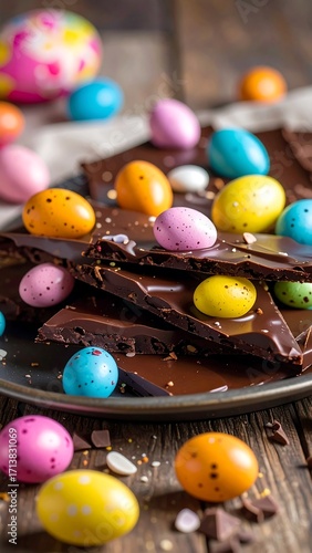 Chocolate bark with colorful Easter eggs