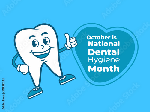 Celebrating October National Dental Hygiene Month with a Smiling Tooth Character on a Blue Background Design