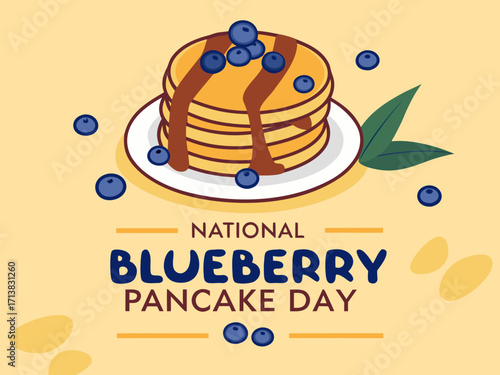 National Blueberry Pancake Day Celebration with Stacked Pancakes Blueberries and Chocolate Syrup on a Cream Background