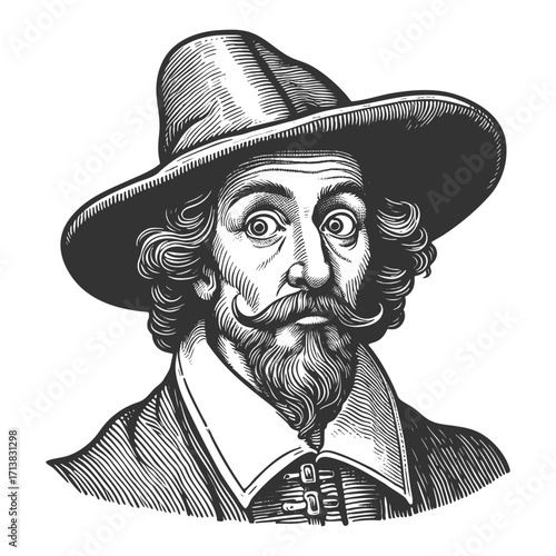 man with curled mustache, expressive eyes, wide-brimmed hat, and historical clothing details sketch engraving generative ai fictional character vector illustration. Scratch board. Black and white.