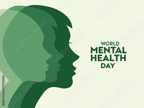 World Mental Health Day Illustration with Overlapping Green Head Silhouettes and Text on a Cream Background
