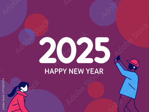 Happy New Year 2025 Celebration with People and Colorful Circles on a Purple Background Illustration celebrating