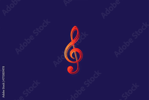 Treble Clef Illustration in Vibrant Orange Tones Against a Dark Blue Backdrop Music Symbol Art