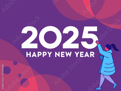 Happy New Year 2025 Celebration with a Woman Reaching Up Towards the Year on a Purple Background