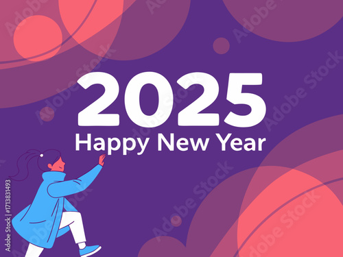 Happy New Year 2025 Celebration with Woman Climbing Towards the Future on a Festive Background Design