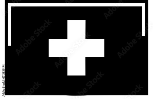 Simple white plus symbol inside a black square with white border, representing health or medical care