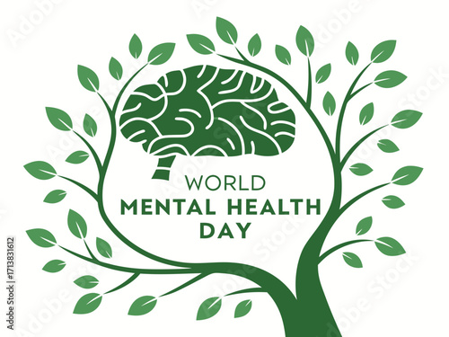 World Mental Health Day Illustration Green Brain and Tree Symbolizing Growth and Well being for Mental Health Awareness