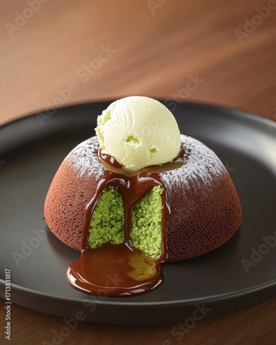 A decadent chocolate lava cake with a vibrant green matcha center, topped with creamy vanilla ice cream.