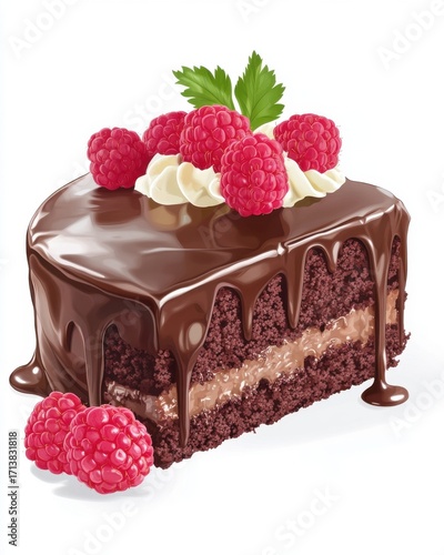 A decadent chocolate cake slice topped with fresh raspberries and whipped cream, drizzled with rich chocolate sauce.