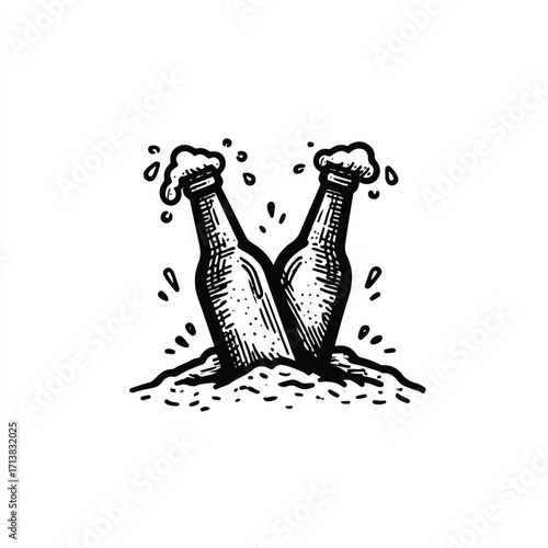 Two beer bottles colliding in vintage engraved style offering celebration and refreshment illustration