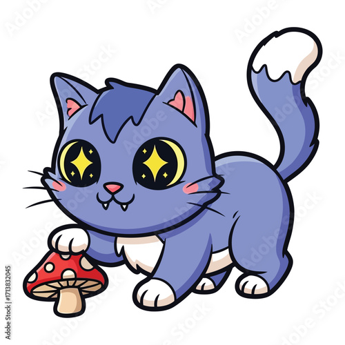 Mystical Feline with a whimsical mushroom: A charming cat in a cartoon illustration, with endearing eyes and a curious look, playfully interacts with a red-capped mushroom in an imaginative scene. 