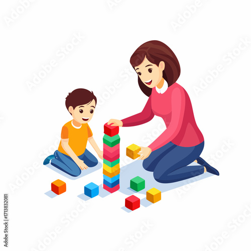 Vector image of Mother and child building colorful towers with wooden blocks learning through play activities