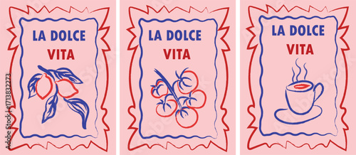 Modern Hand drawn food poster set. Doodles art of Mediterranean cuisine with text. Elegant poster template La Dolce Vita style with coffee, lemon, tomato for café social media. Vector illustration