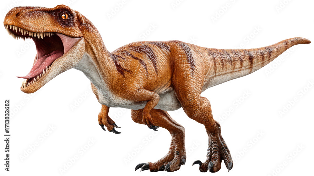 Fototapeta premium Velociraptor's Roar: A fierce velociraptor, with open mouth displaying sharp teeth and a vivid orange and brown body, roars with primal power, in a dynamic illustration.