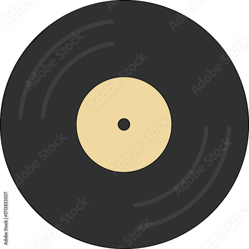 Simple Flat Design Vinyl Record Icon with Black Color and Beige Label