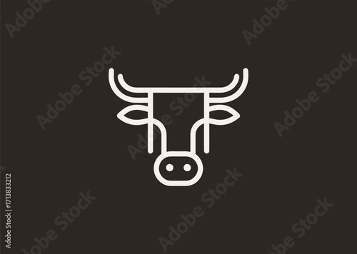 A minimalist line art logo of a cow head, symbolizing power, endurance, and stability