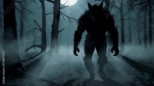 Eerie werewolf stalks through foggy moonlit forest at night