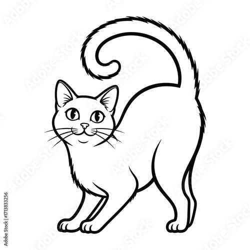 Playful feline outline: A captivating black-and-white illustration of an animated domestic cat arches its back in a pose of playful energy, showcasing expressive whiskers and an elegantly curled tail.