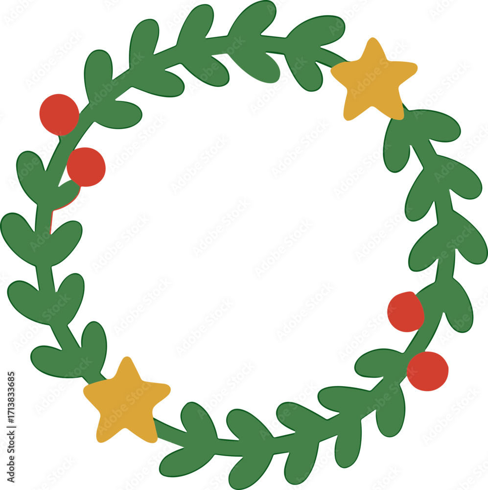 Fototapeta premium Flat Design Decorative Christmas Wreath with Berries and Stars Ornament