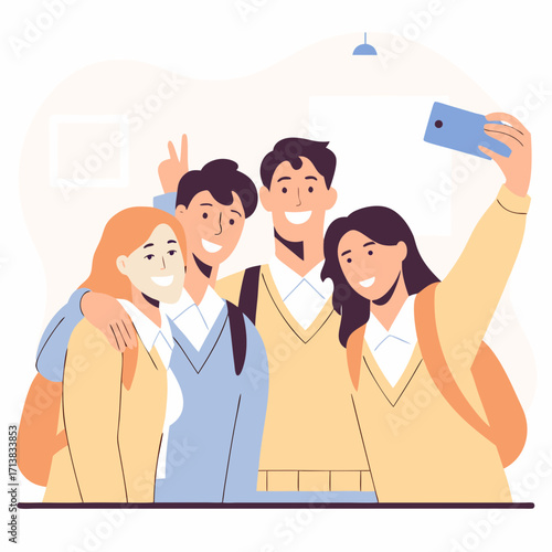 Group of friends taking selfie in school uniforms indoors  