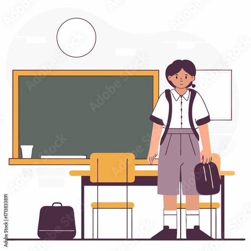 Young student standing in classroom wearing school uniform with backpack  