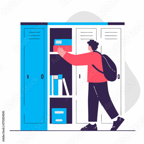 Student reaching into a locker to grab books in school hallway  