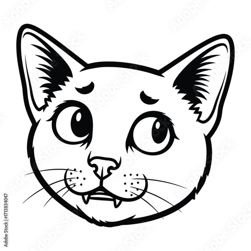 Curious Cat Face: A charming, cartoonish depiction of a cat's face, with its adorable features and innocent gaze. Its a black-and-white illustration, inviting smiles and warmth.