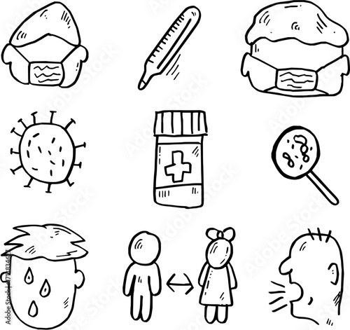 Essential health and safety icons capturing illness prevention, virus spread, and medical care needs