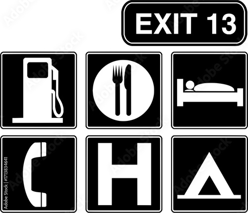 Essential road signs for travel services including gas, food, lodging, phone, hospital, and camping.