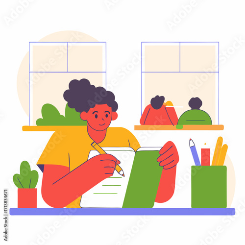 Young girl studying and taking notes at a school desk with plants  
