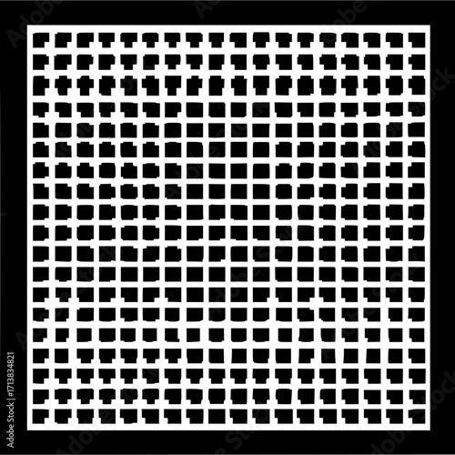 A grid of black squares on a white background with a black border creating a patterned composition