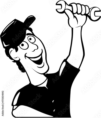 Enthusiastic mechanic proudly holds up a wrench celebrating successful repair with a big smile