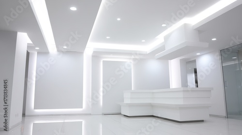 訪問者。清潔な白い壁とミニマルなデザインが特徴のモダンなオフィス受付。プロフェッショナルで広々とした空間を演出します。