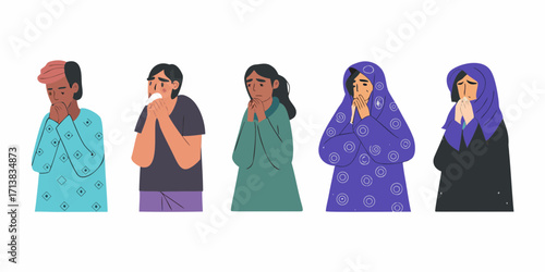 Diverse group of people expressing sadness and grief with hands clasped together