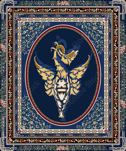 Hand Drawn Luxury Carpet Design with Ornamental Winged Motif on blue Background Vector