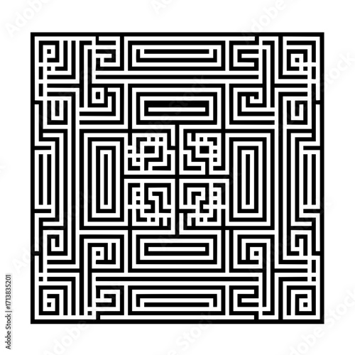 A complex square maze pattern with intricate black and white pathways and geometric shapes design element
