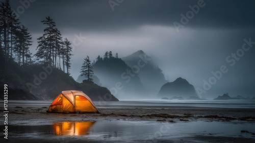 Orange Tent On Misty Pacific Coastline