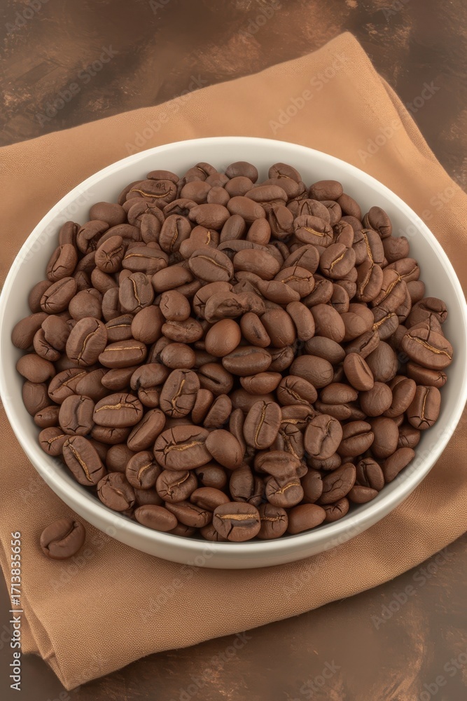 Fototapeta premium A close-up of a bowl filled with freshly roasted coffee beans, highlighting their rich brown color and glossy surface.