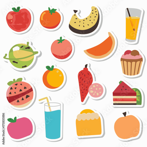 A collection of vibrant food and drink stickers in vector format with solid colors and white background, showcasing appetizing and simple designs