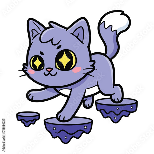 Cute Cat in Animated Style: A charming and adorable cat with expressive eyes joyfully leaps across floating platforms, a playful illustration that celebrates joy and imagination.