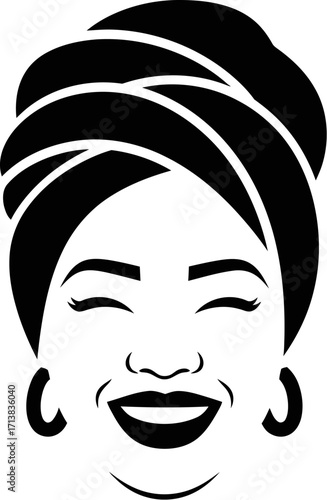 Joyful woman with eyes closed and wide smile wears a stylish headwrap and hoop earrings