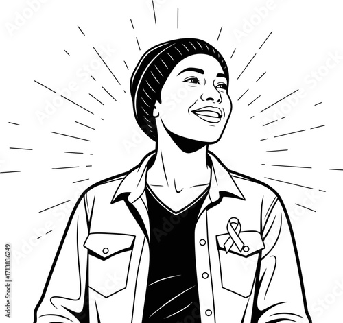 Young person with a radiant smile, looking upwards with hope and resilience, wearing a beanie and a ribbon emblem.