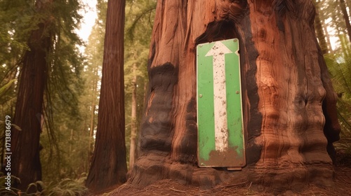 An upward arrow sign on a majestic redwood tree in a tranquil forest setting, surrounded by towering trees.