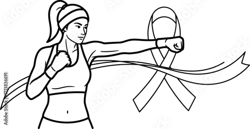 Determined woman in athletic wear punches forward, symbolizing strength and fighting spirit against a ribbon