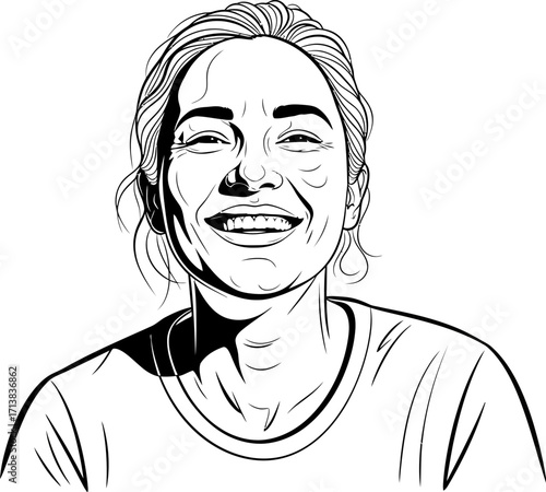 Joyful woman with a bright, genuine smile radiating happiness and warmth.