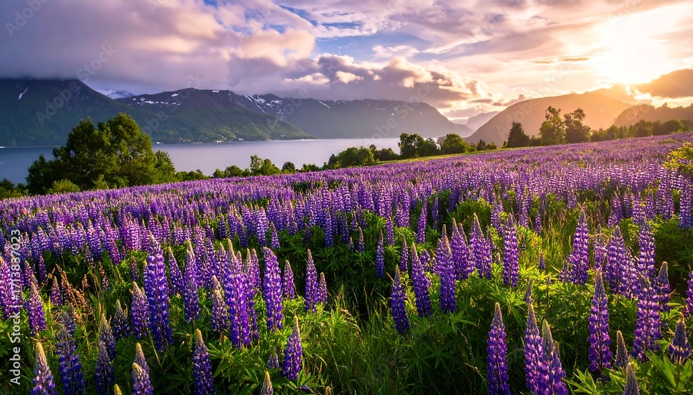 Obraz premium A vast field of vibrant purple lupines stretches towards a serene lake, framed by majestic mountains under a luminous sunrise.